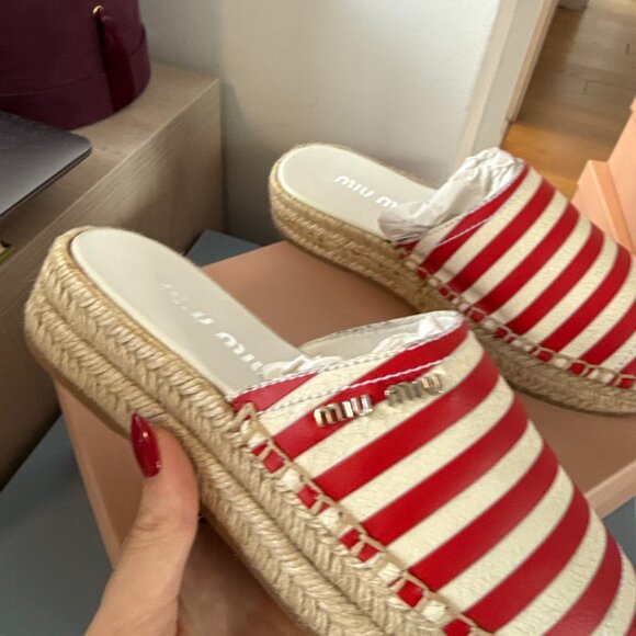 NWT Miu Miu Slip-on Espadrilles Platform Red & White Stripes Canvas Sz 36.5 - Picture 3 of 6